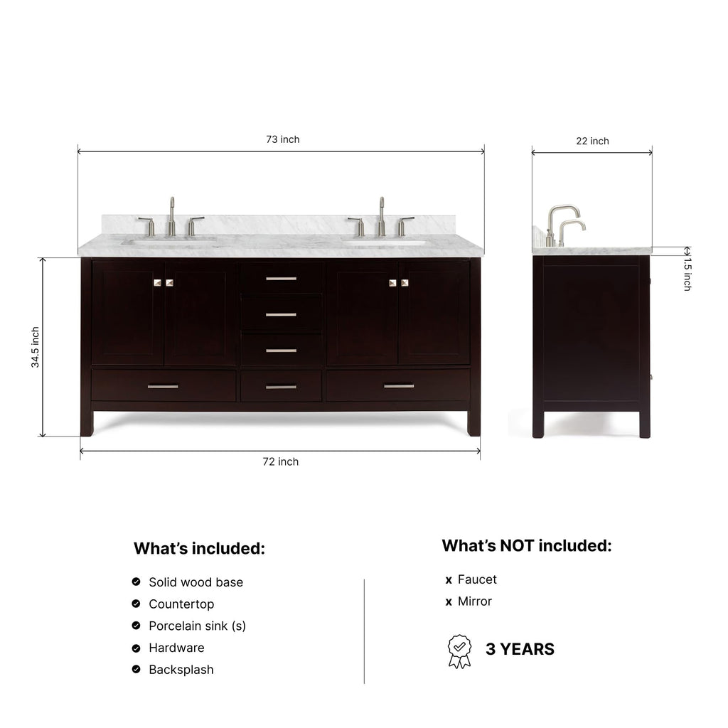 DKB Isabella 72" Oak Double Bathroom Vanity with Sink, 1.5" Carrara White Marble Countertop, Rectangle Undermount Sinks, 4 Soft Closing Doors, 6 Dovetail Drawers