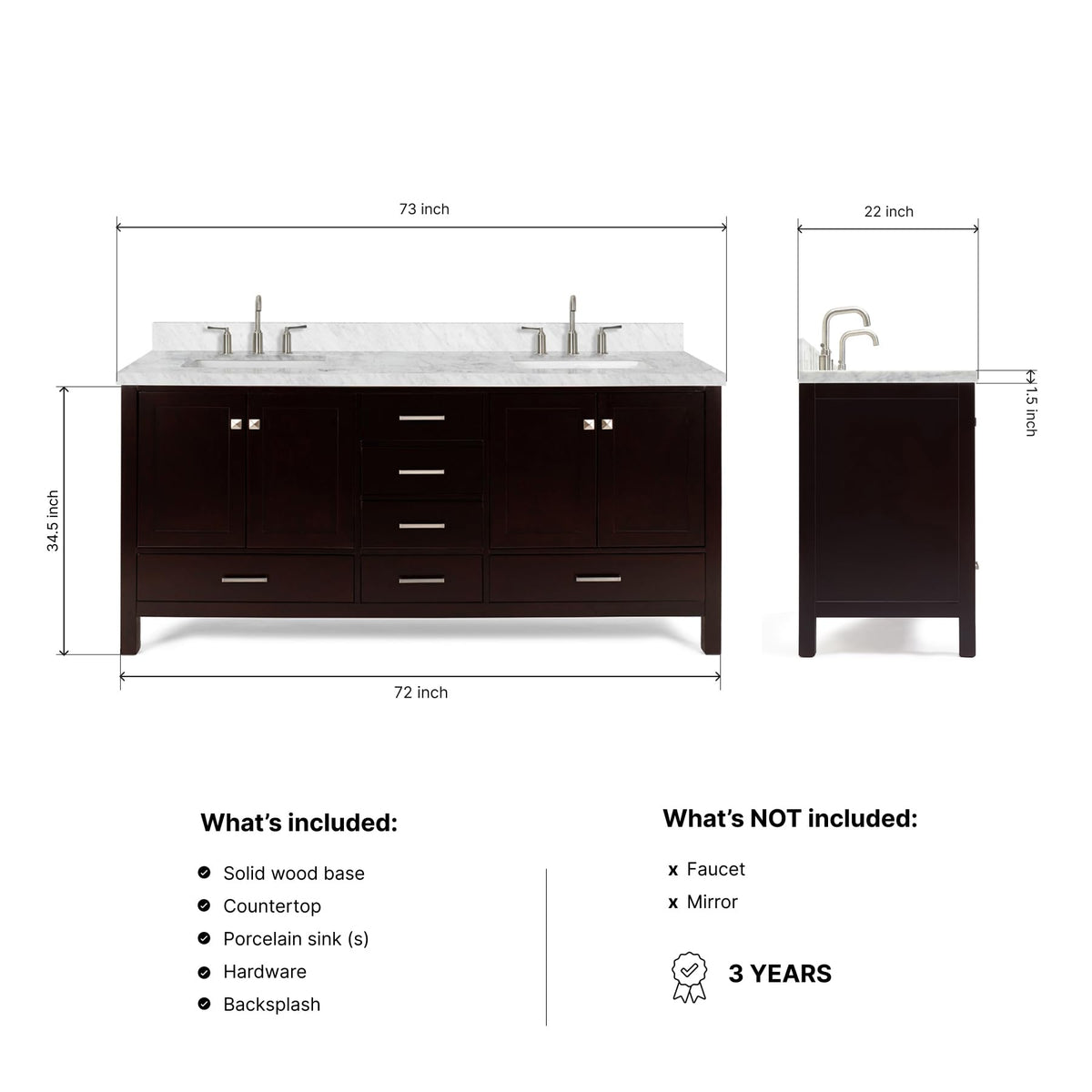 DKB Isabella 72" Oak Double Bathroom Vanity with Sink, 1.5" Carrara White Marble Countertop, Rectangle Undermount Sinks, 4 Soft Closing Doors, 6 Dovetail Drawers