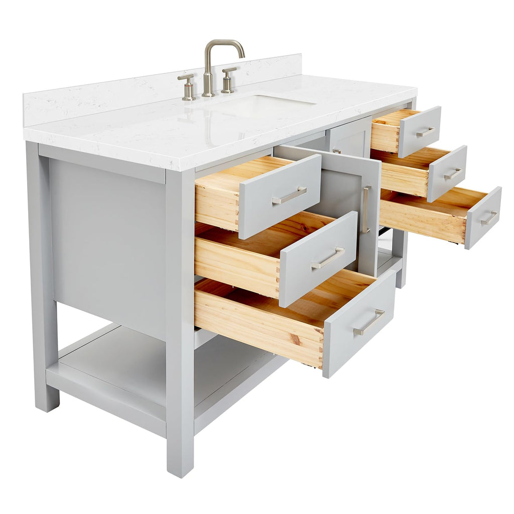 DKB Isabella 60 Inch Bathroom Vanity Single Sink â White Bathroom Vanity with Sink, 1.5" Edge Carrara White Quartz Countertop, Solid Wood, 2 Soft-Close Doors, 8 Dovetail Drawers + Tilt Drawer