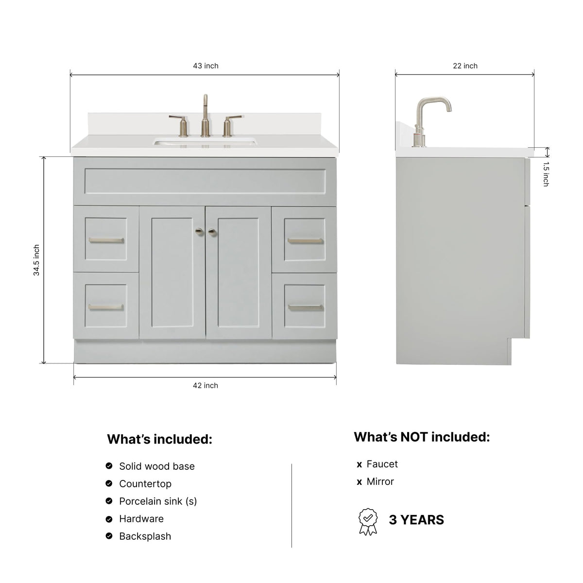 DKB Beckford 42-Inch White Bathroom Vanity with Sink, Solid Wood Base Cabinet, 1.5" White Quartz Countertop, Rectangular Sink, 2 Soft Closing Doors, 9 Drawers