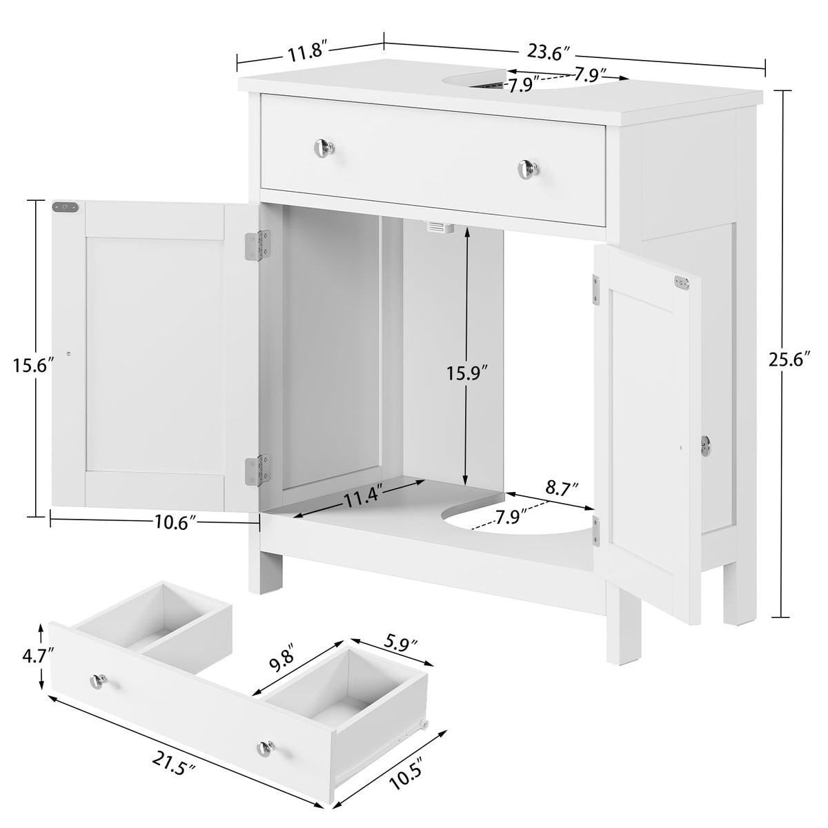 TEENFON Pedestal Sink Storage Cabinet with 2 Doorsand Drawer, Bathroom Sink Cabinet, Under Sink Storage with U-Shape Cut-Out, White