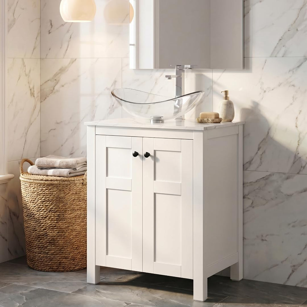 48" Bathroom Vanity with Sink, White Modern Freestanding Bathroom Vanity Cabinet with Marble Texture Top and 4 Drawers, Two Boat Ceramic Vessel Sinks