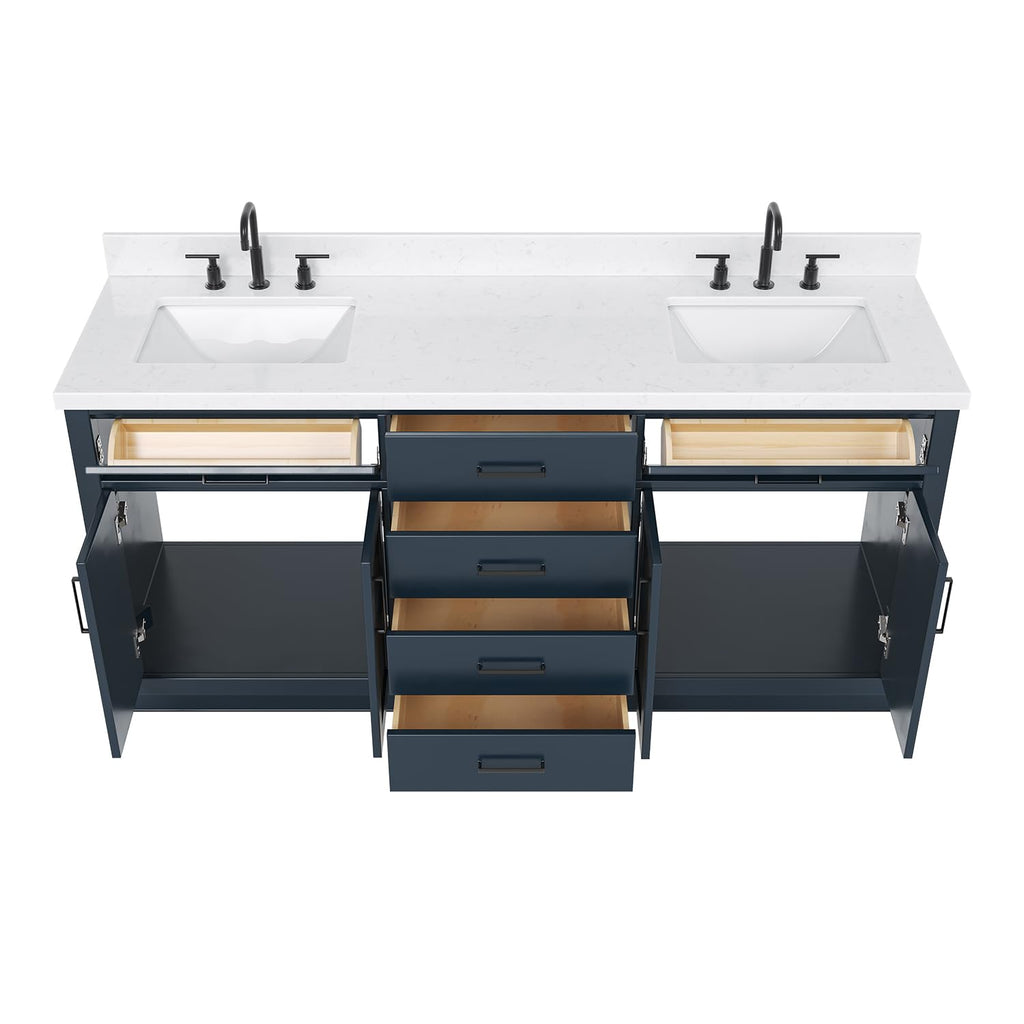 DKB Emilia 72 Inch Bathroom Vanity Double Sink â White Bathroom Vanity with Sink, 1.5" Edge Carrara White Quartz Countertop & Backsplash, 4 Soft-Close Doors, and 6 Dovetail Drawers