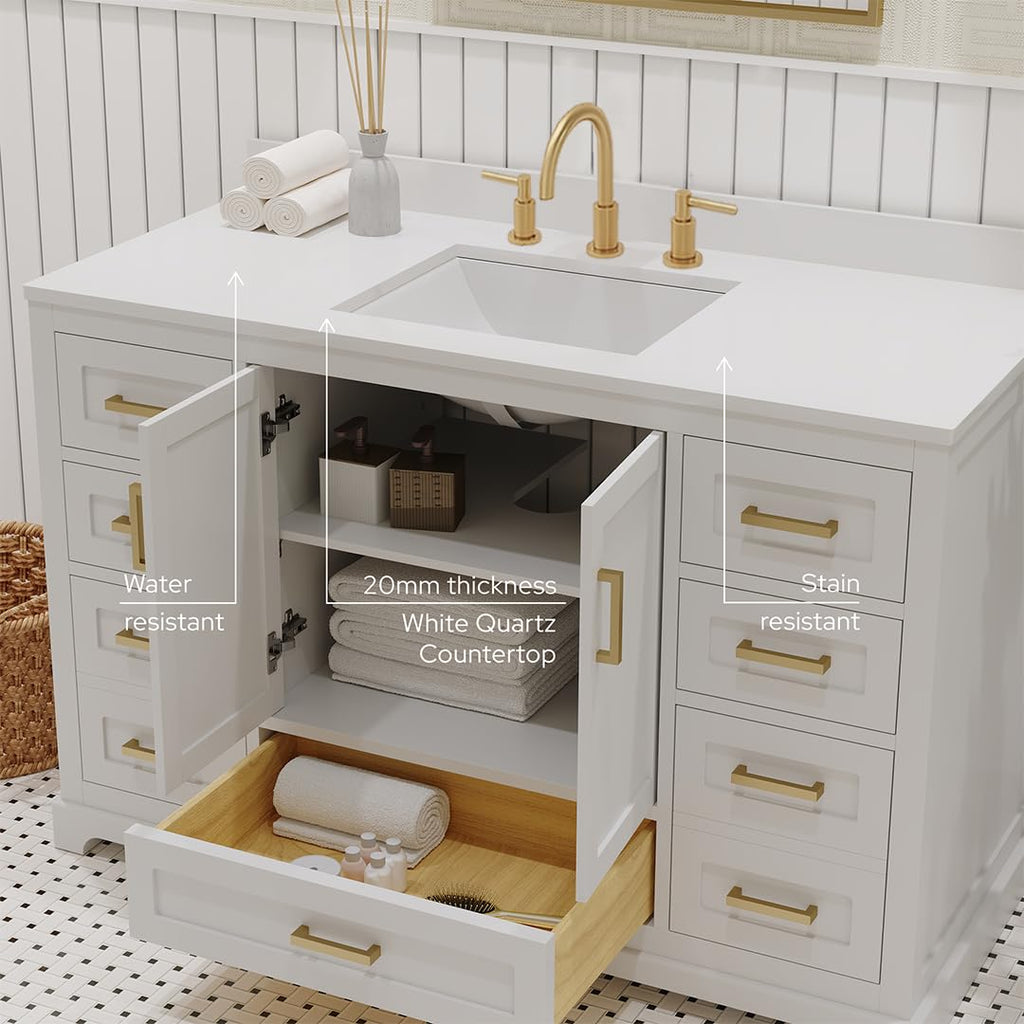 Ayna Decors Maya 72 Inch Double Vanity with Sink and Pre Drilled Faucet Holes Quartz Top in Charcoal Grey, Freestanding Bathroom Vanities with Soft Close Doors and Drawers - Brushed Gold Hardware