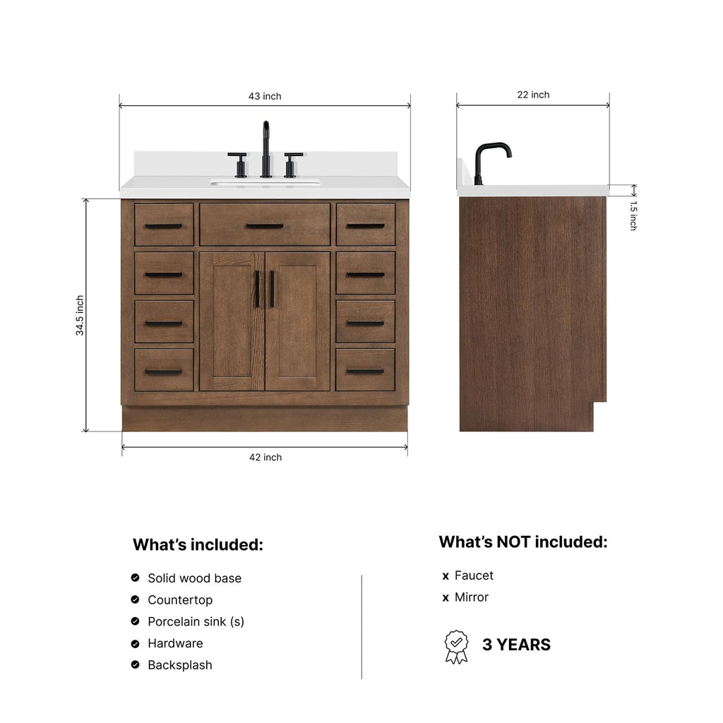 DKB Beckford 42-Inch White Bathroom Vanity with Sink, Solid Wood Base Cabinet, 1.5" White Quartz Countertop, Rectangular Sink, 2 Soft Closing Doors, 9 Drawers