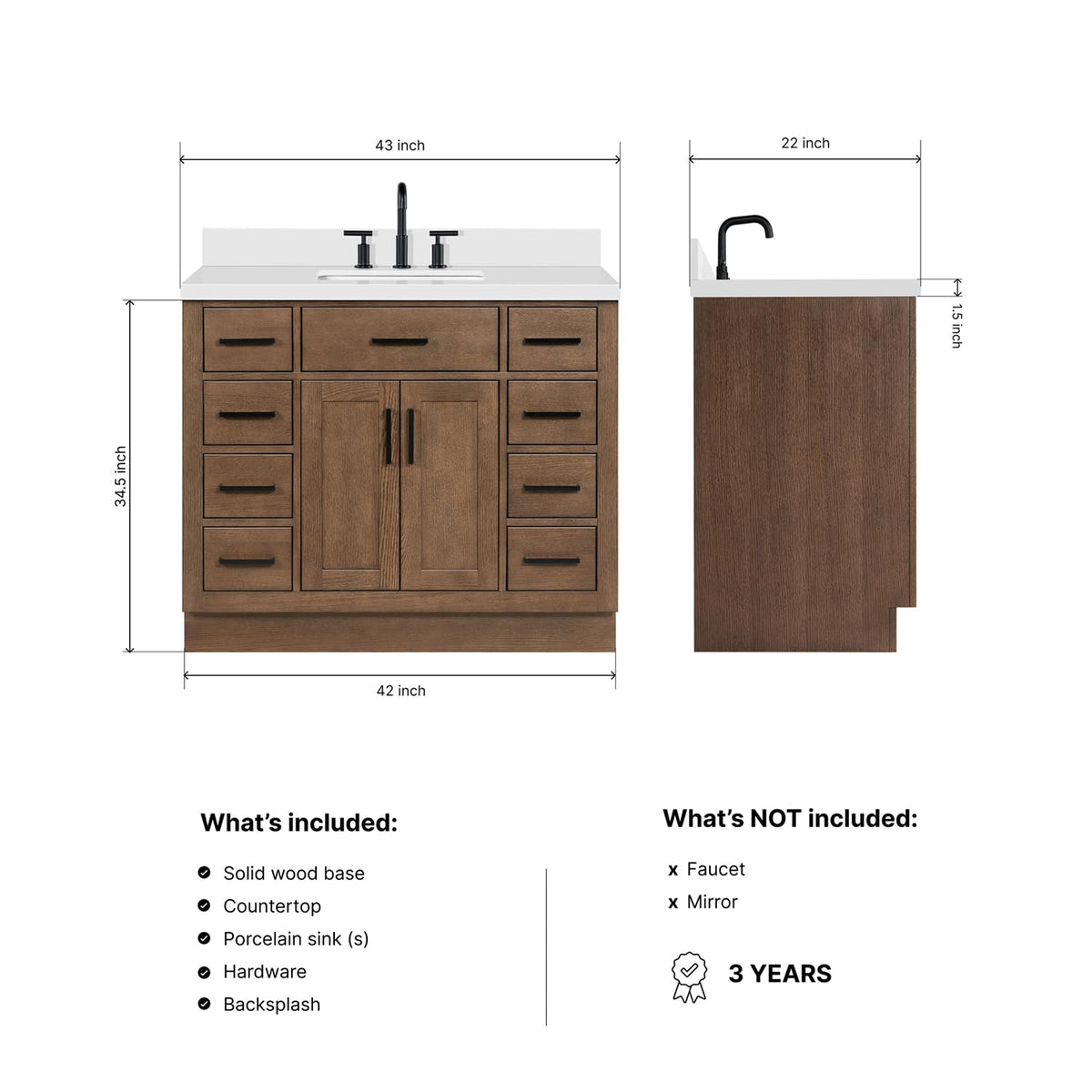DKB Beckford 42-Inch White Bathroom Vanity with Sink, Solid Wood Base Cabinet, 1.5" White Quartz Countertop, Rectangular Sink, 2 Soft Closing Doors, 9 Drawers