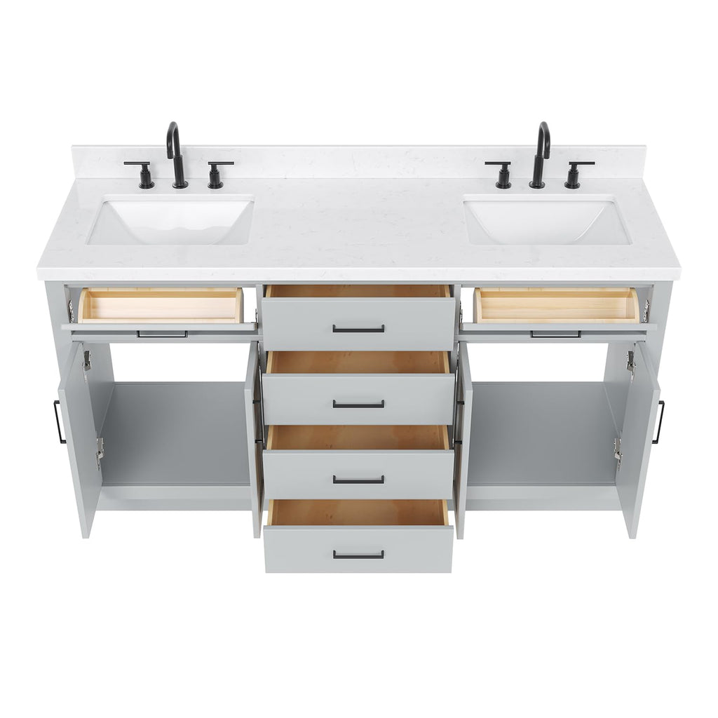 DKB Isabella 66" White Double Bathroom Vanity with 1.5" Carrara Quartz Countertop, Double Rectangular Undermount Sinks, 4 Soft Closing Doors, 6 Dovetail Drawers