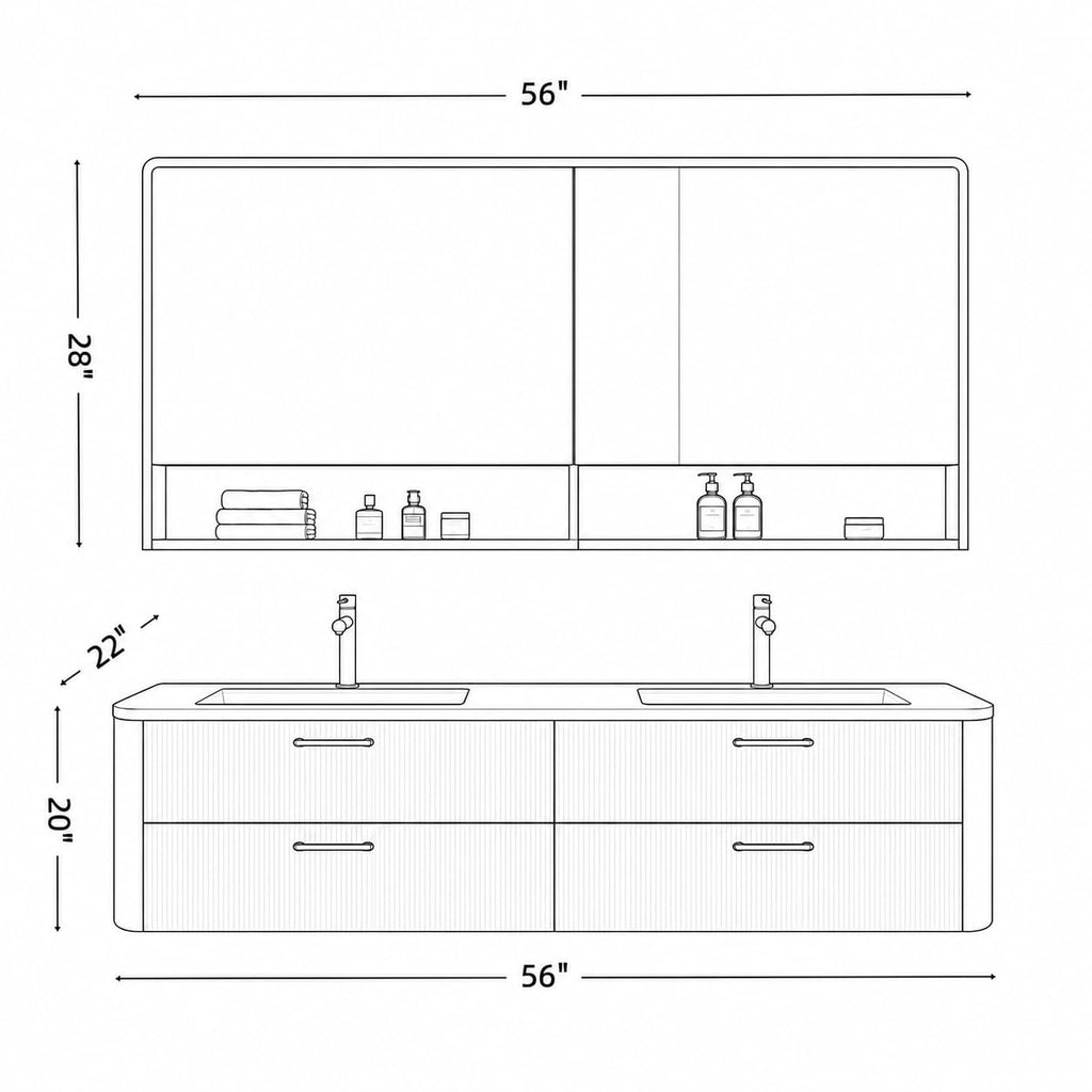 52 in Floating Double Bathroom Vanity with Vessel Sinks & LED Mirror Cabinet