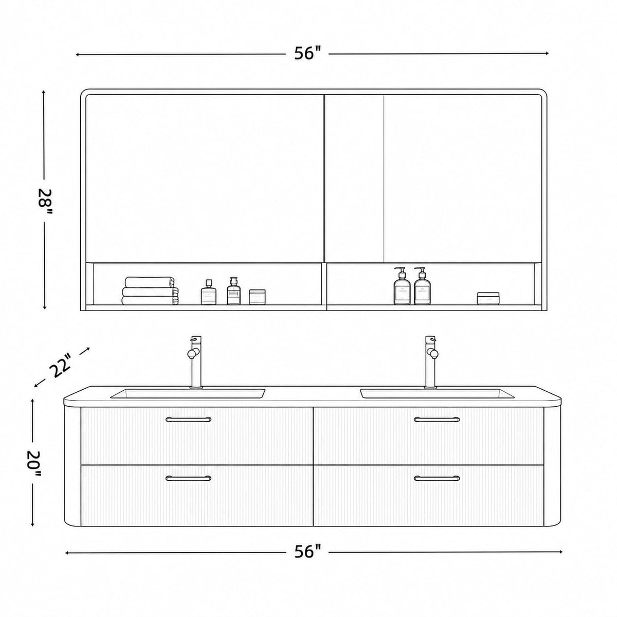 52 in Floating Double Bathroom Vanity with Vessel Sinks & LED Mirror Cabinet