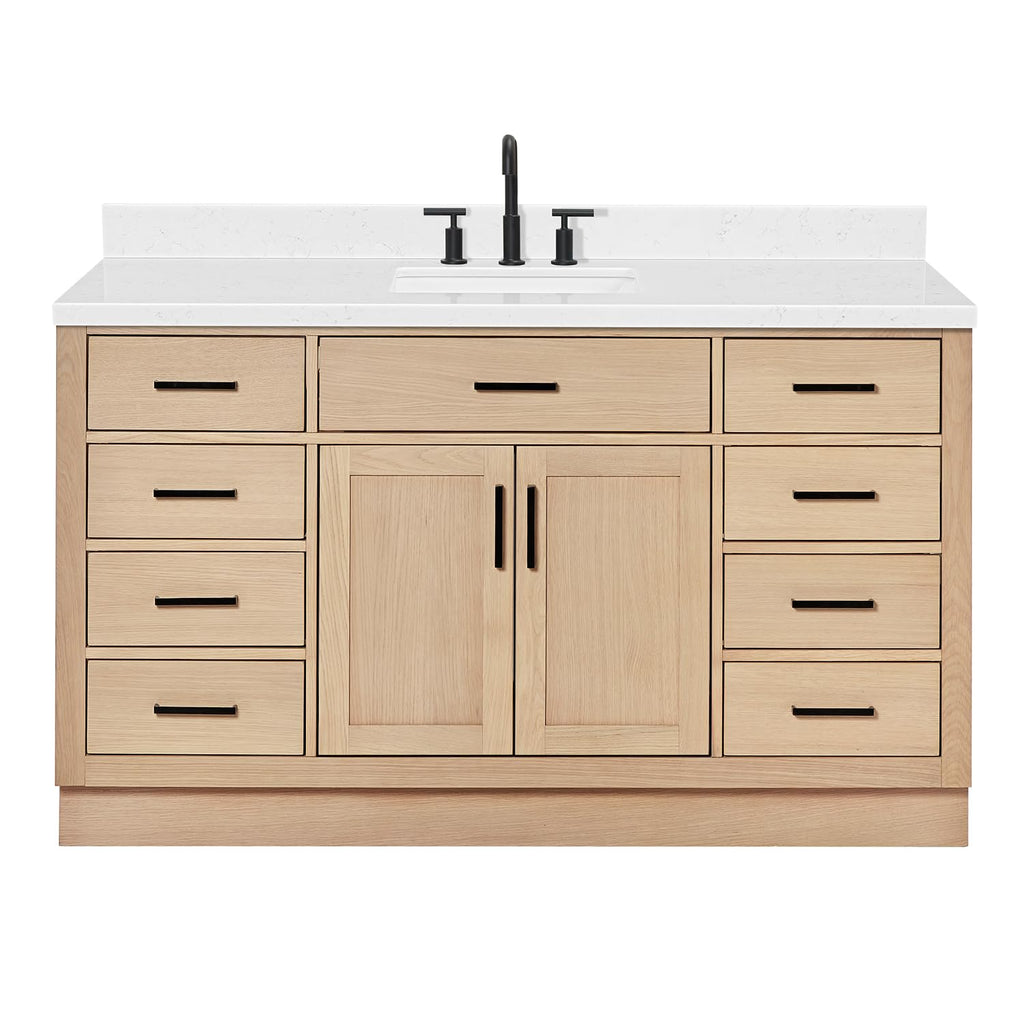 ARIEL Hepburn 60-inch Bathroom Vanity with Sink,Solid Wood, 1.5-inch Carrara White Quartz Countertop & Backsplash, Single Rectangular Porcelain Sink, 2 Soft Closing Doors, 9 Dovetail Drawers, Black