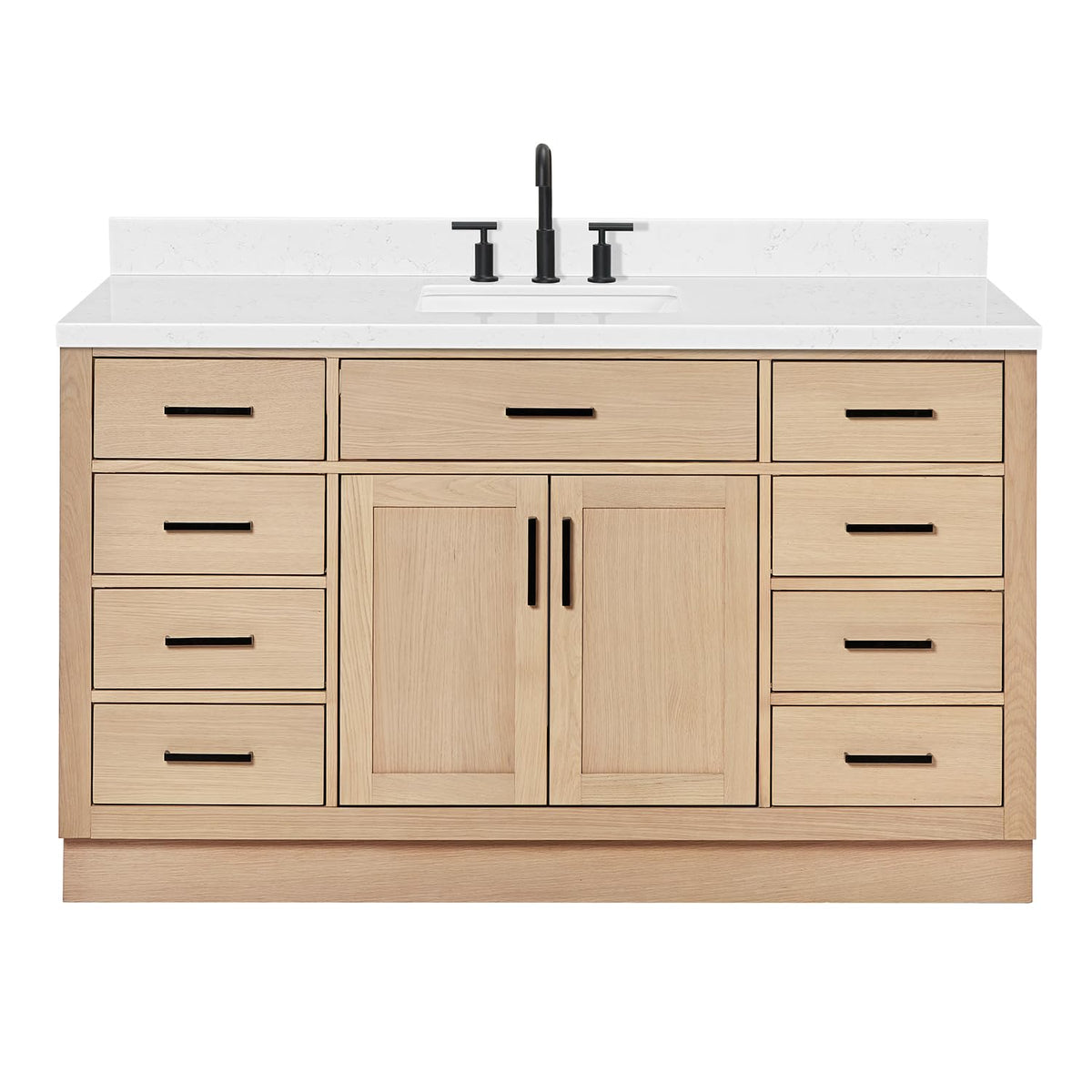 ARIEL Hepburn 60-inch Bathroom Vanity with Sink,Solid Wood, 1.5-inch Carrara White Quartz Countertop & Backsplash, Single Rectangular Porcelain Sink, 2 Soft Closing Doors, 9 Dovetail Drawers, Black