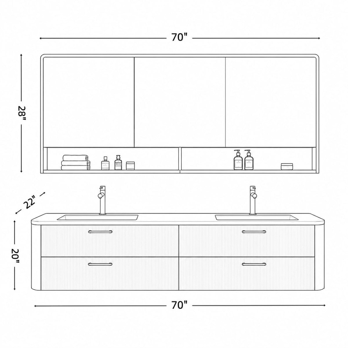 60 IN Floating Double Bathroom Vanity with Sinks & LED Mirror Cabinet