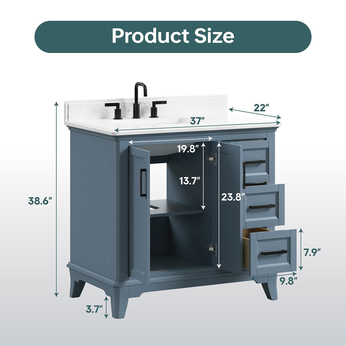 60 Inch Bathroom Vanity Double Sink, Steel Blue
