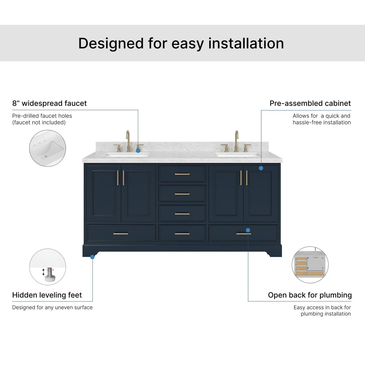 DKB Isabella 72" Oak Double Bathroom Vanity with Sink, 1.5" Carrara White Marble Countertop, Rectangle Undermount Sinks, 4 Soft Closing Doors, 6 Dovetail Drawers