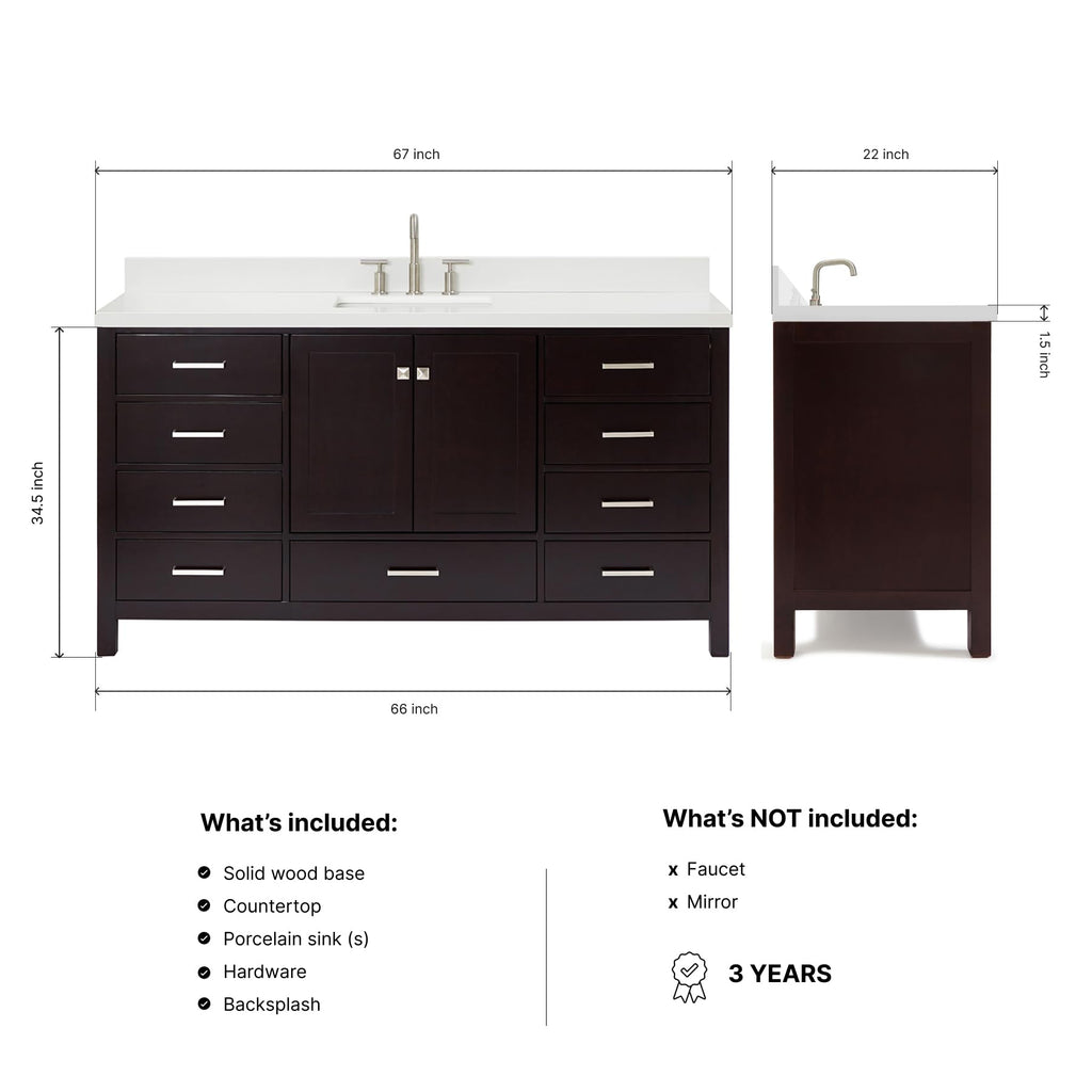 ARIEL Cambridge 66-inch Bathroom Vanity with Sink,Solid Wood, 1.5-inch Italian Carrara Marble Countertop, Single Rectangular Porcelain Sink, 2 Soft Closing Doors, 9 Dovetail Drawers, Midnight Blue
