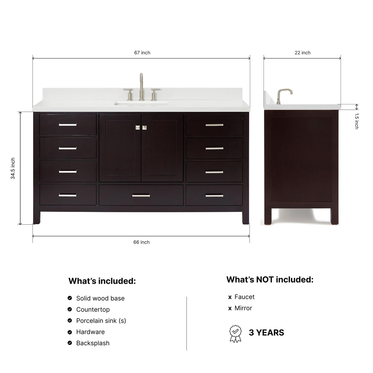 ARIEL Cambridge 66-inch Bathroom Vanity with Sink,Solid Wood, 1.5-inch Italian Carrara Marble Countertop, Single Rectangular Porcelain Sink, 2 Soft Closing Doors, 9 Dovetail Drawers, Midnight Blue