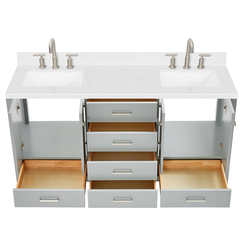 DKB Isabella 66" White Double Bathroom Vanity with 1.5" Carrara Quartz Countertop, Double Rectangular Undermount Sinks, 4 Soft Closing Doors, 6 Dovetail Drawers