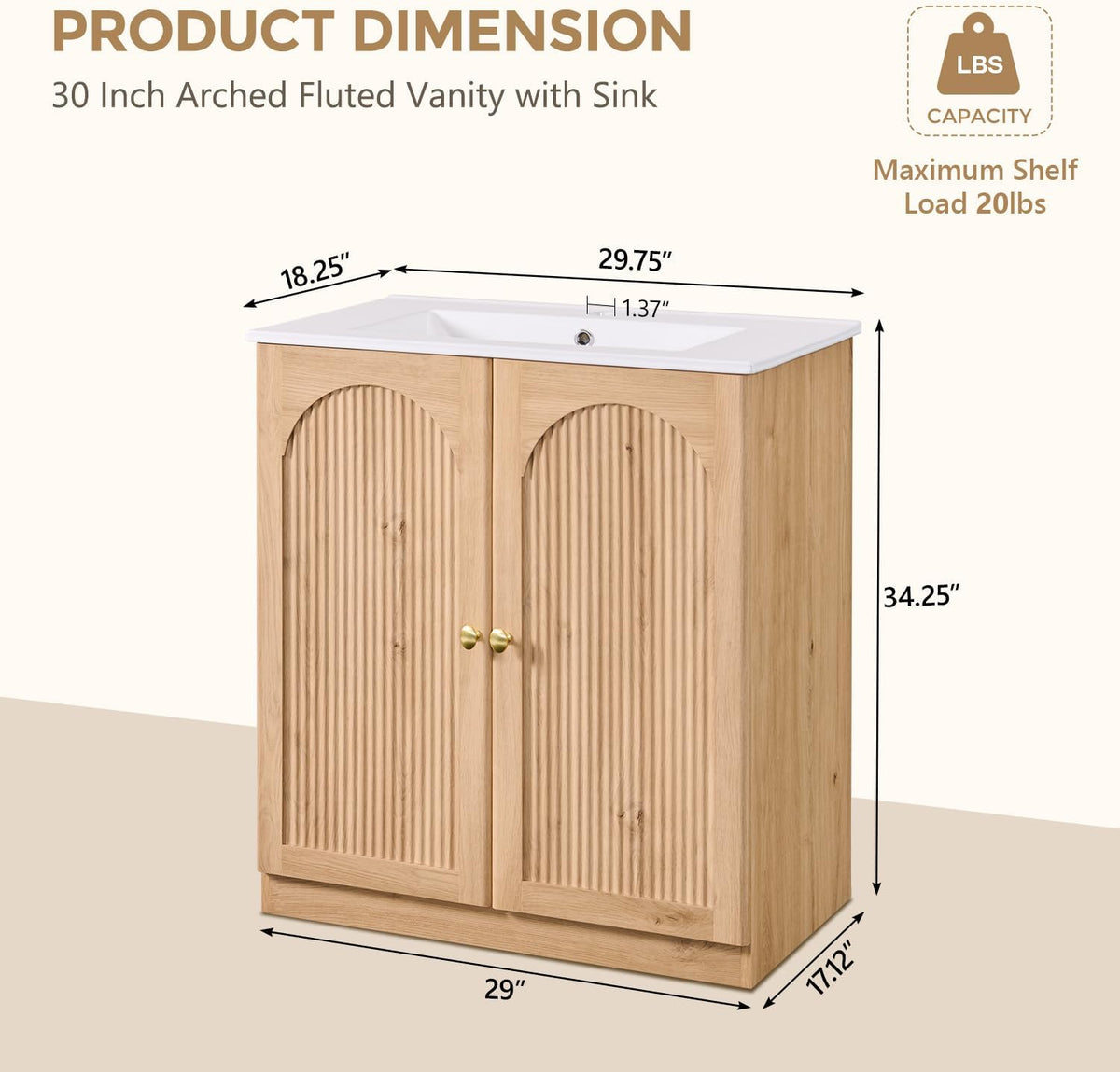IFBUY 30 Inch Arched Bathroom Vanity with Sink, Fluted Design, Natural Oak