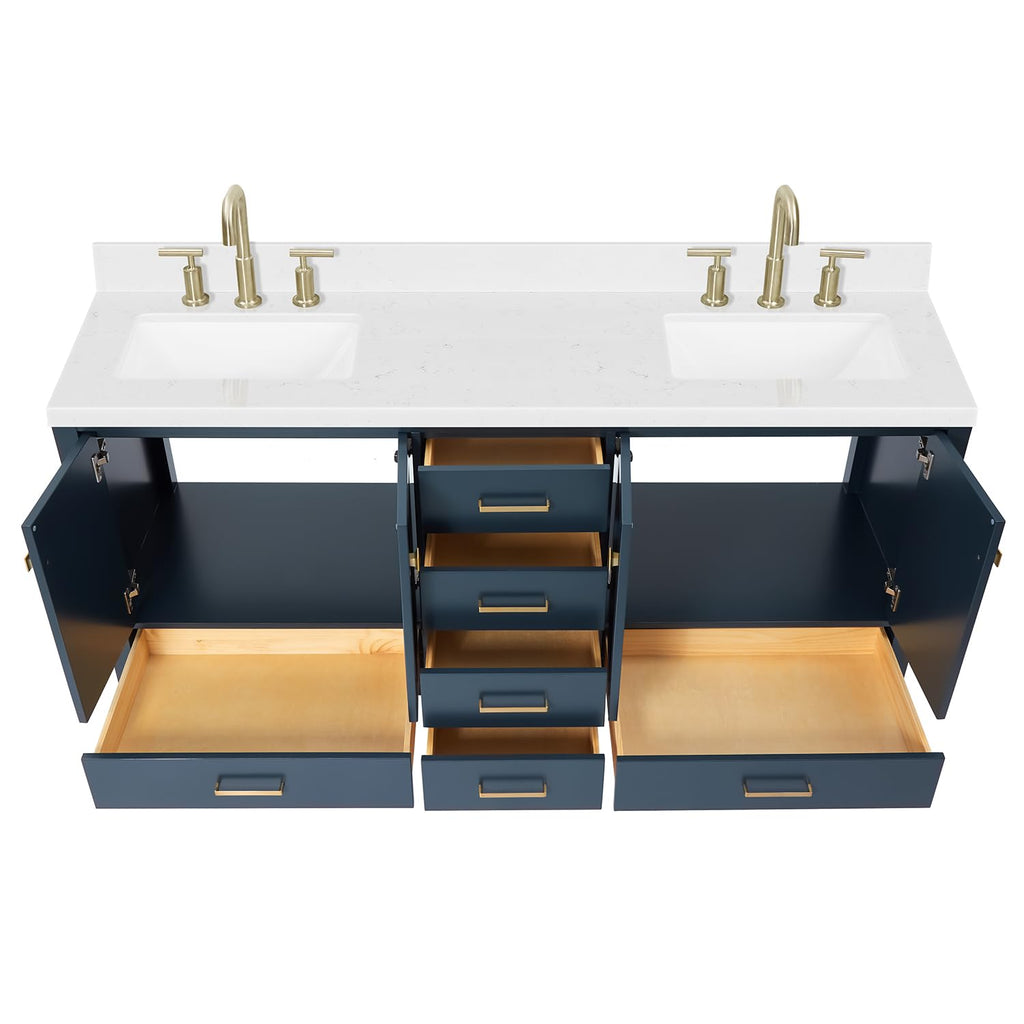 DKB Emilia 72 Inch Bathroom Vanity Double Sink â White Bathroom Vanity with Sink, 1.5" Edge Carrara White Quartz Countertop & Backsplash, 4 Soft-Close Doors, and 6 Dovetail Drawers