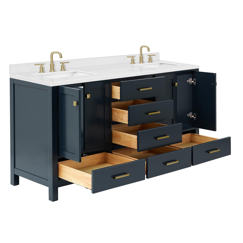 DKB Isabella 66" White Double Bathroom Vanity with 1.5" Carrara Quartz Countertop, Double Rectangular Undermount Sinks, 4 Soft Closing Doors, 6 Dovetail Drawers