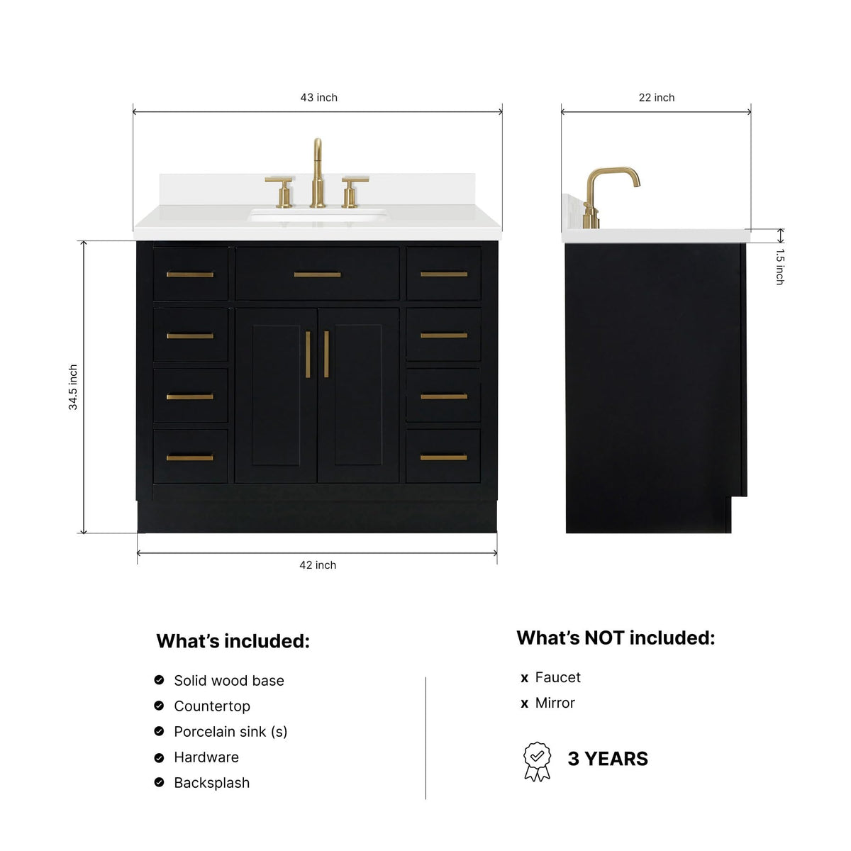 DKB Beckford 42-Inch White Bathroom Vanity with Sink, Solid Wood Base Cabinet, 1.5" White Quartz Countertop, Rectangular Sink, 2 Soft Closing Doors, 9 Drawers
