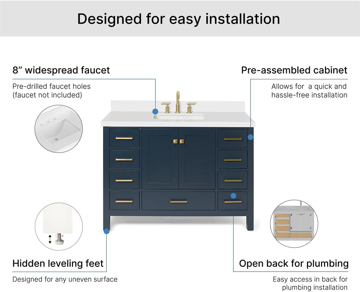 ARIEL Cambridge 48-inch Bathroom Vanity with Sink,Solid Wood, 1.5-inch Pure White Quartz Countertop, Single Rectangular Porcelain Sink, 2 Soft Closing Doors, 9 Dovetail Drawers, Midnight Blue