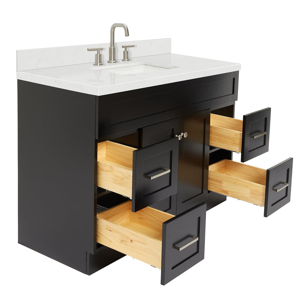 DKB Emilia 48-Inch Bathroom Vanity with Sink â Midnight Blue Single Sink Bathroom Vanity, 1.5" Edge Carrara Quartz Countertop, Solid Wood, 2 Soft Closing Doors, 9 Dovetail Drawers