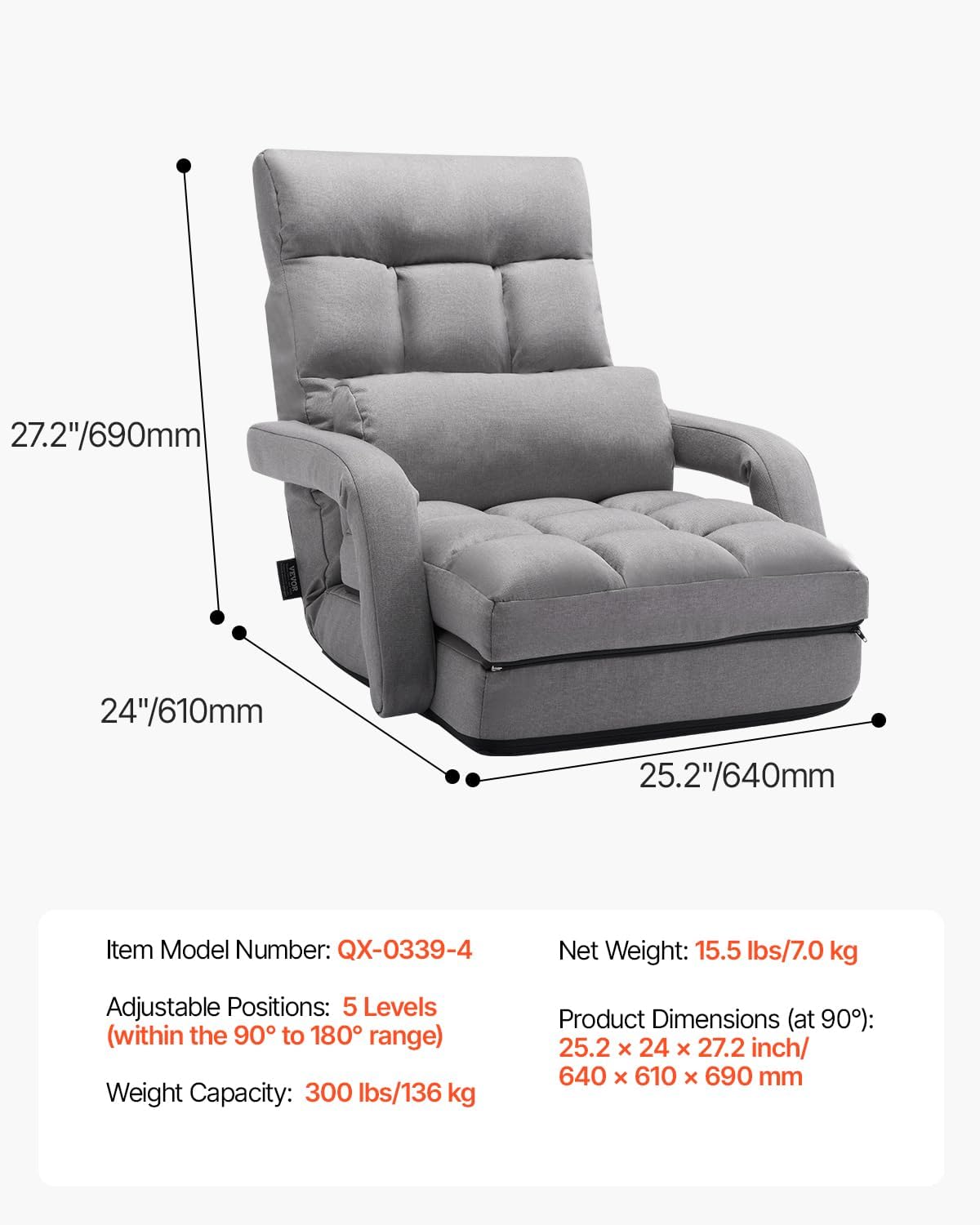 VEVOR Floor Chair, Floor Gaming Chair with 5 Adjustable Position and Back Support, Folding Lounge Chair with Armrest for Adults, Sofa Lounger with Comfy Cushion for Living Room and Bedroom, Gray