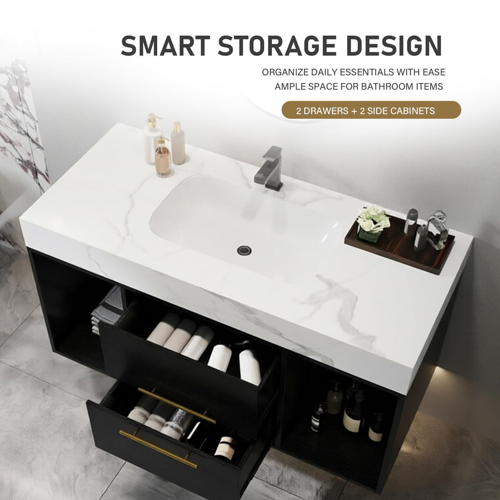 36 Inch Bathroom Vanity with Sink, Black Floating Wall Mounted Vanity