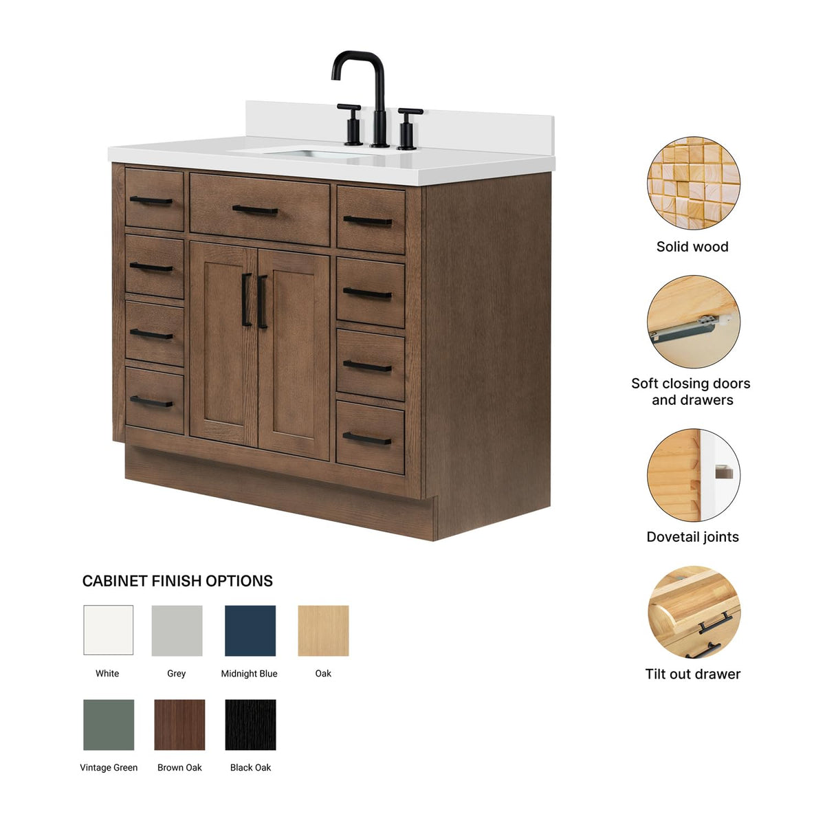DKB Beckford 42-Inch White Bathroom Vanity with Sink, Solid Wood Base Cabinet, 1.5" White Quartz Countertop, Rectangular Sink, 2 Soft Closing Doors, 9 Drawers