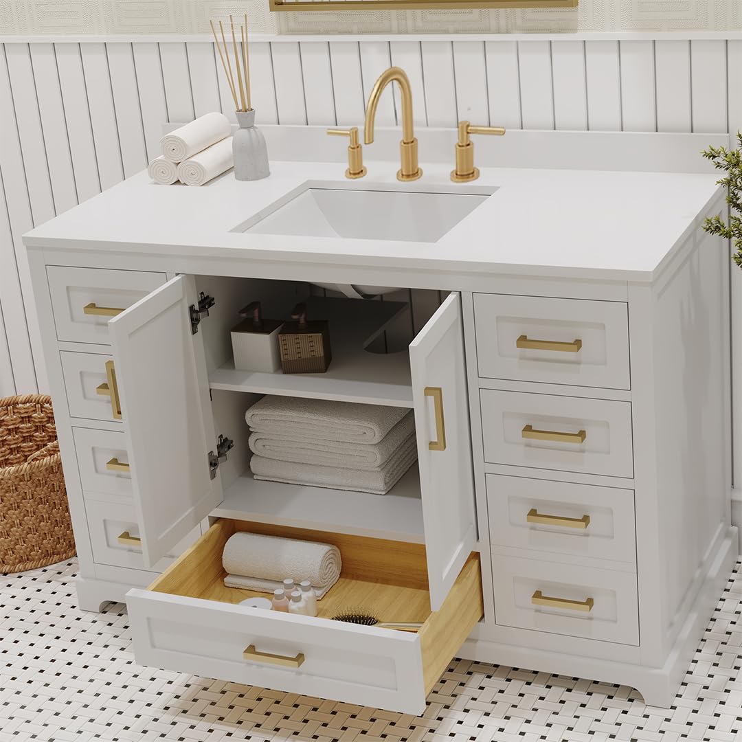 Ayna Decors Maya 72 Inch Double Vanity with Sink and Pre Drilled Faucet Holes Quartz Top in Charcoal Grey, Freestanding Bathroom Vanities with Soft Close Doors and Drawers - Brushed Gold Hardware