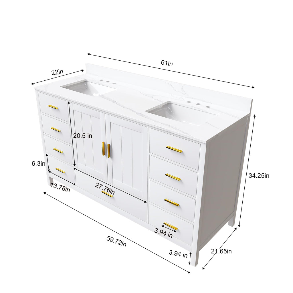 60" Bathroom Vanity Single Sink with 3 Hole, Sink Bathroom Vanity with Solid Wood Frame Storage,Soft Close Double Doors & 9 Sliding Drawers, with Gold Accents