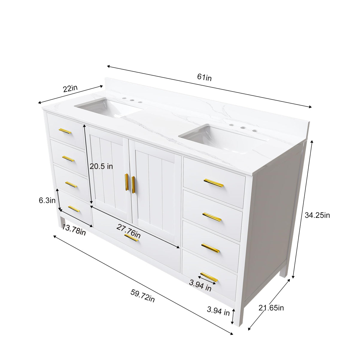 60" Bathroom Vanity Single Sink with 3 Hole, Sink Bathroom Vanity with Solid Wood Frame Storage,Soft Close Double Doors & 9 Sliding Drawers, with Gold Accents