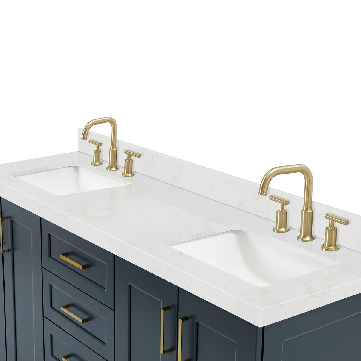 DKB Isabella 66" White Double Bathroom Vanity with 1.5" Carrara Quartz Countertop, Double Rectangular Undermount Sinks, 4 Soft Closing Doors, 6 Dovetail Drawers