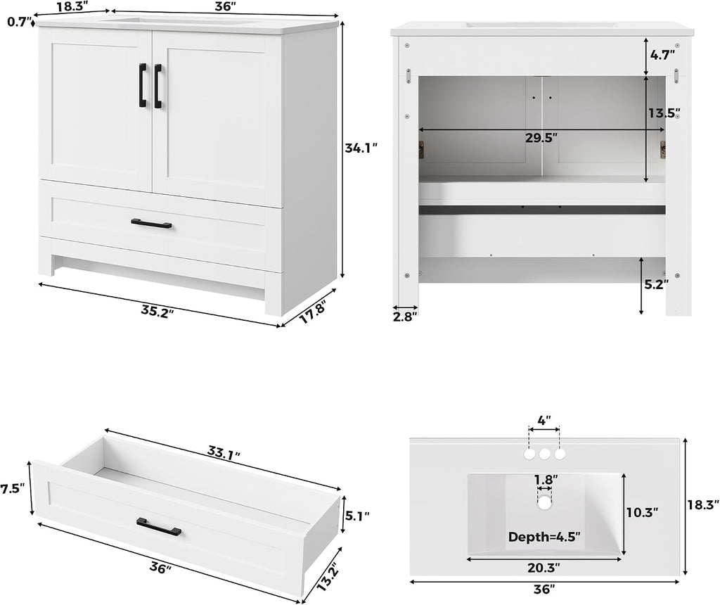 LIKIMIO 36" Bathroom Vanity with Sink, 1 Soft-Close Drawer & 2 Doors, White