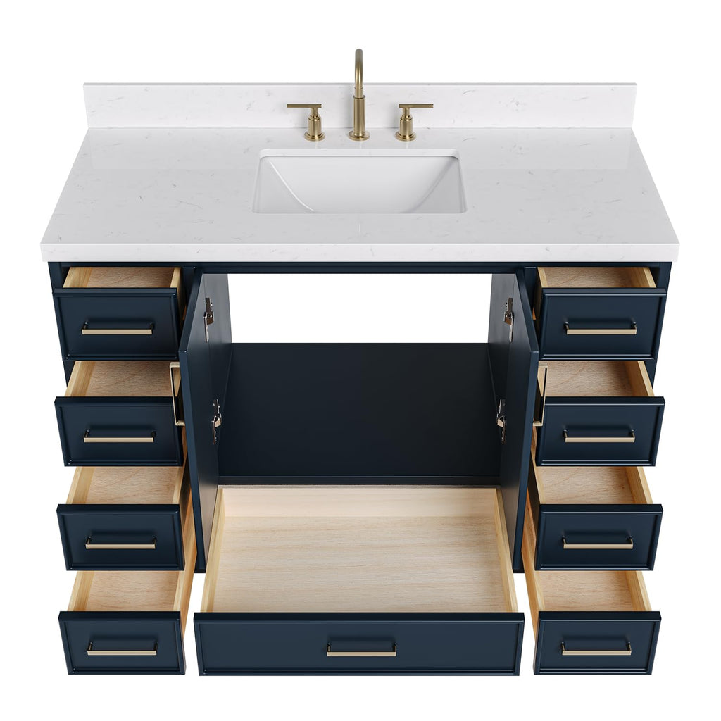 DKB Emilia 48-Inch Bathroom Vanity with Sink â Midnight Blue Single Sink Bathroom Vanity, 1.5" Edge Carrara Quartz Countertop, Solid Wood, 2 Soft Closing Doors, 9 Dovetail Drawers