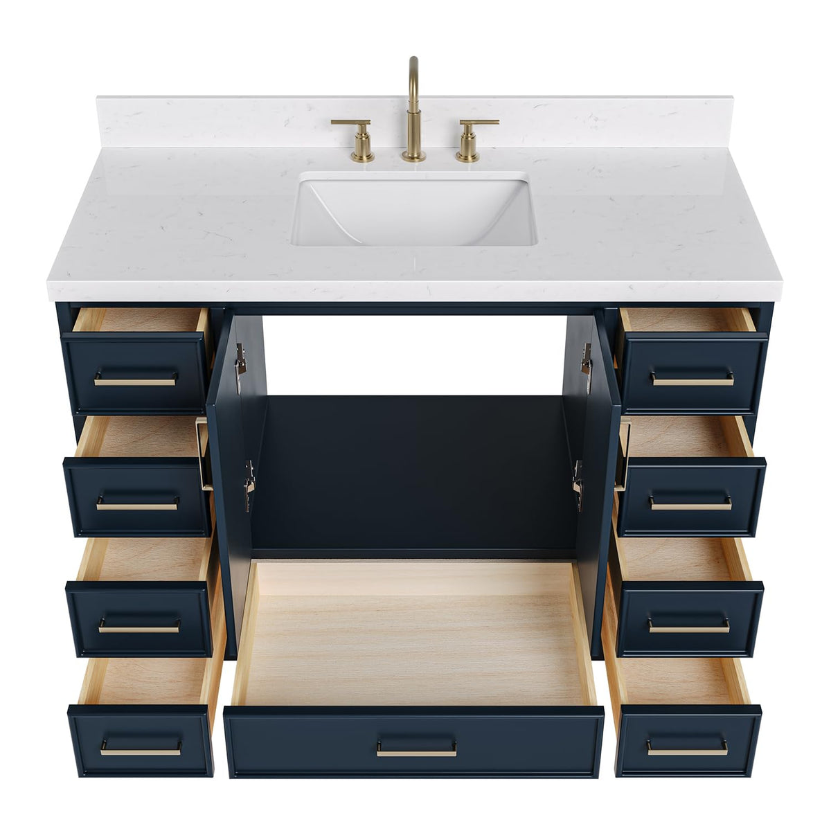 DKB Emilia 48-Inch Bathroom Vanity with Sink â Midnight Blue Single Sink Bathroom Vanity, 1.5" Edge Carrara Quartz Countertop, Solid Wood, 2 Soft Closing Doors, 9 Dovetail Drawers