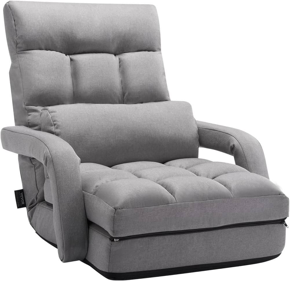 VEVOR Floor Chair, Floor Gaming Chair with 5 Adjustable Position and Back Support, Folding Lounge Chair with Armrest for Adults, Sofa Lounger with Comfy Cushion for Living Room and Bedroom, Gray