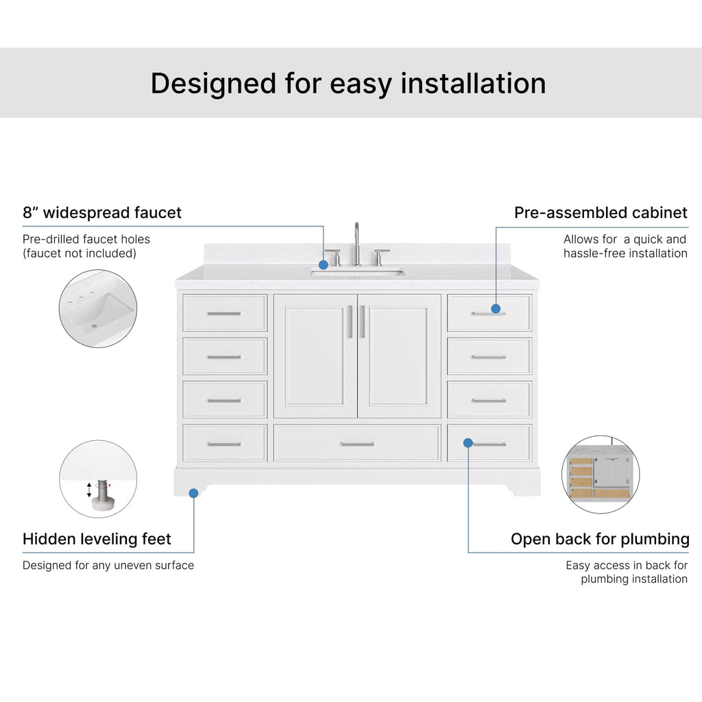 DKB Isabella 60 Inch Bathroom Vanity Single Sink â White Bathroom Vanity with Sink, 1.5" Edge Carrara White Quartz Countertop, Solid Wood, 2 Soft-Close Doors, 8 Dovetail Drawers + Tilt Drawer