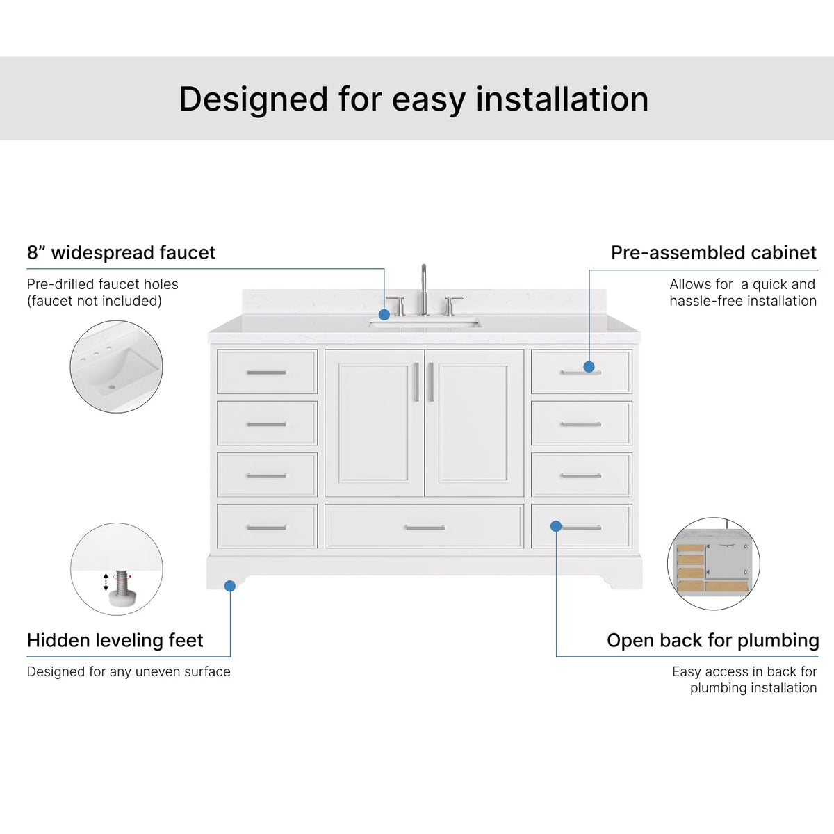DKB Isabella 60 Inch Bathroom Vanity Single Sink â White Bathroom Vanity with Sink, 1.5" Edge Carrara White Quartz Countertop, Solid Wood, 2 Soft-Close Doors, 8 Dovetail Drawers + Tilt Drawer