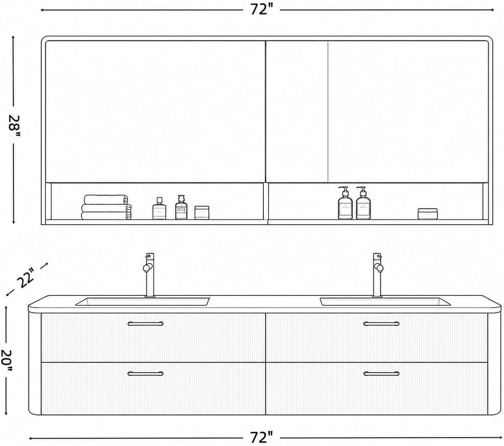 72 in Double Sink Floating Bathroom Vanity with LED Mirror Cabinet