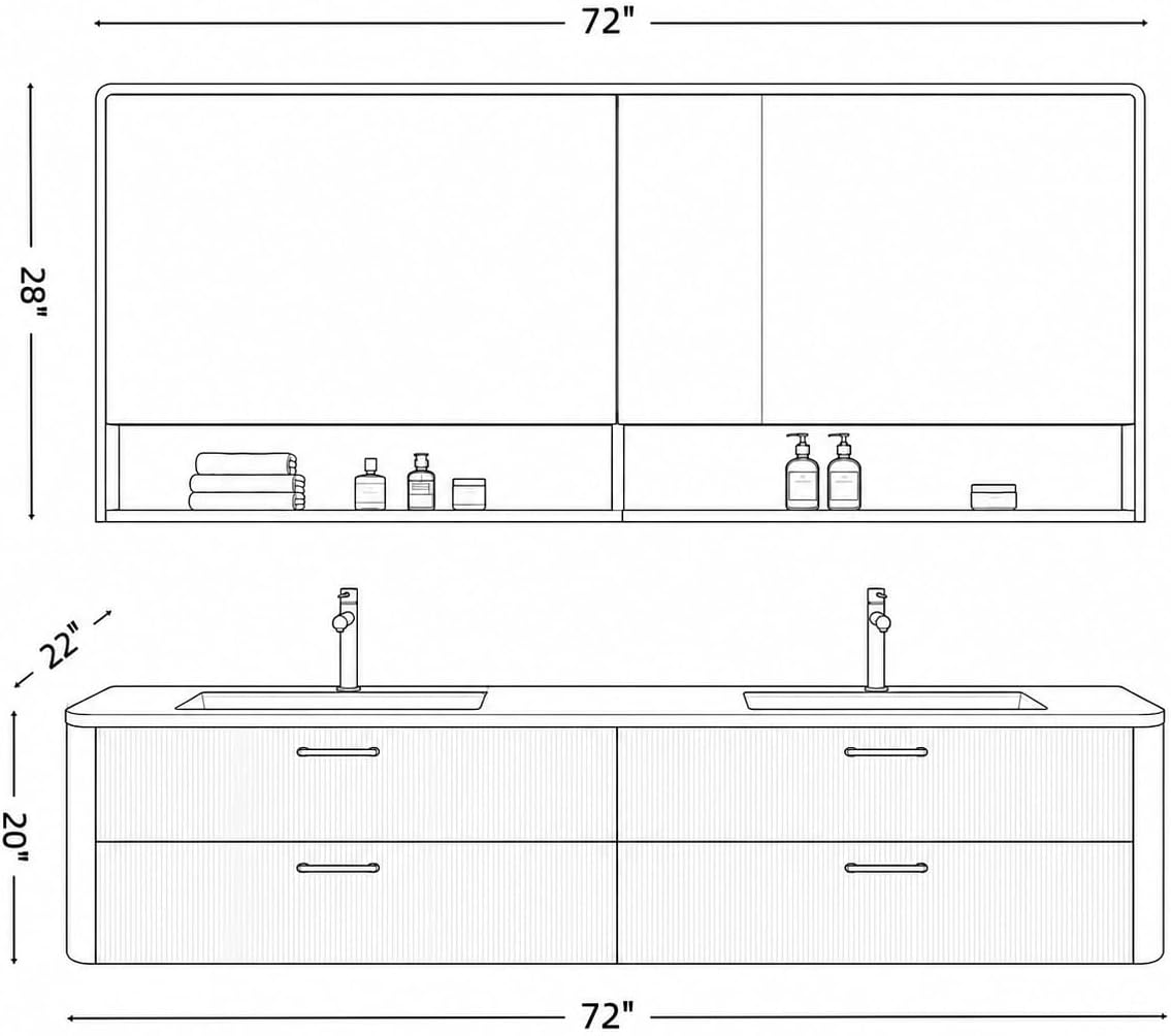 72 in Double Sink Floating Bathroom Vanity with LED Mirror Cabinet