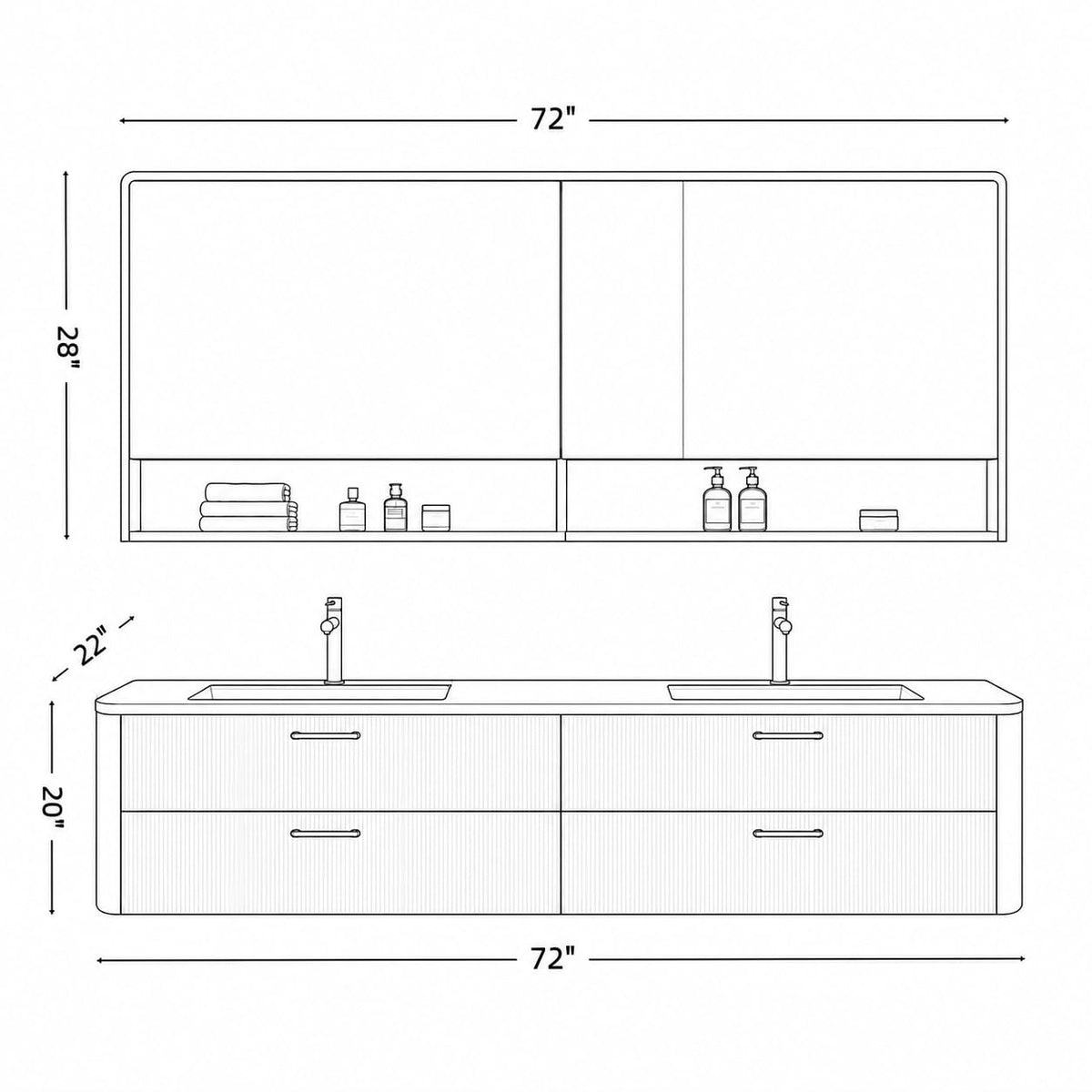 52 in Floating Double Bathroom Vanity with Vessel Sinks & LED Mirror Cabinet