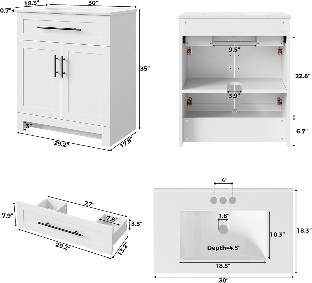LIKIMIO 30" Bathroom Vanity with Sink, 1 U-Shaped Drawer & 2 Doors, White