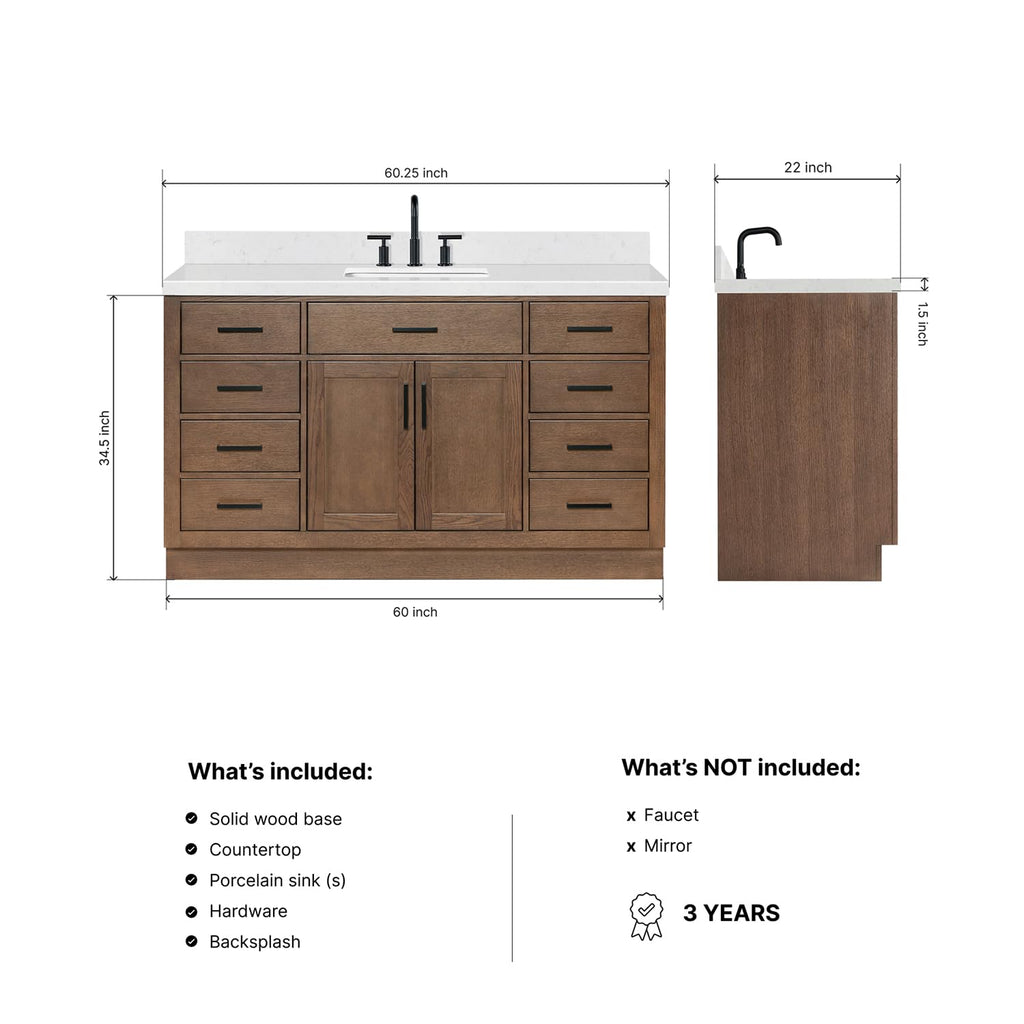 DKB Isabella 60 Inch Bathroom Vanity Single Sink â White Bathroom Vanity with Sink, 1.5" Edge Carrara White Quartz Countertop, Solid Wood, 2 Soft-Close Doors, 8 Dovetail Drawers + Tilt Drawer