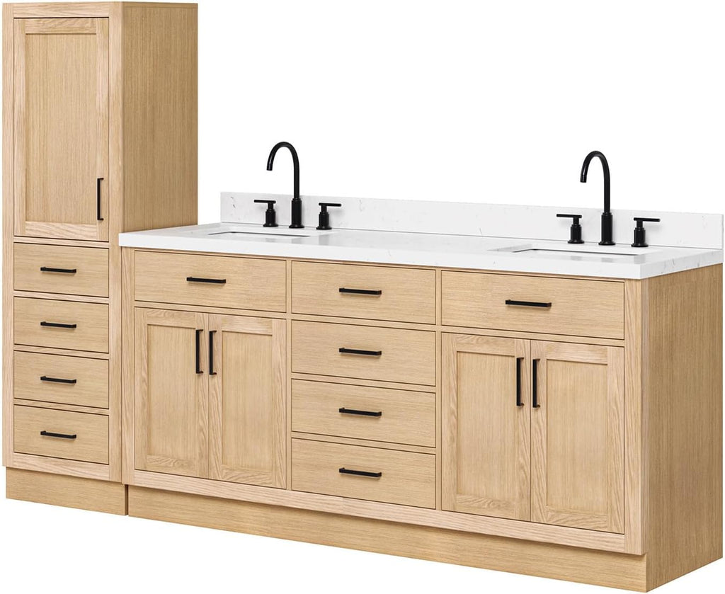 ARIEL Hepburn 92 Inch Includes 20 Inch Linen Cabinet and 1 of 72 Inch Double Rectangle Sink Bathroom Vanity with Carrara White Quartz Countertop 1.5 Inch in Natural Oak