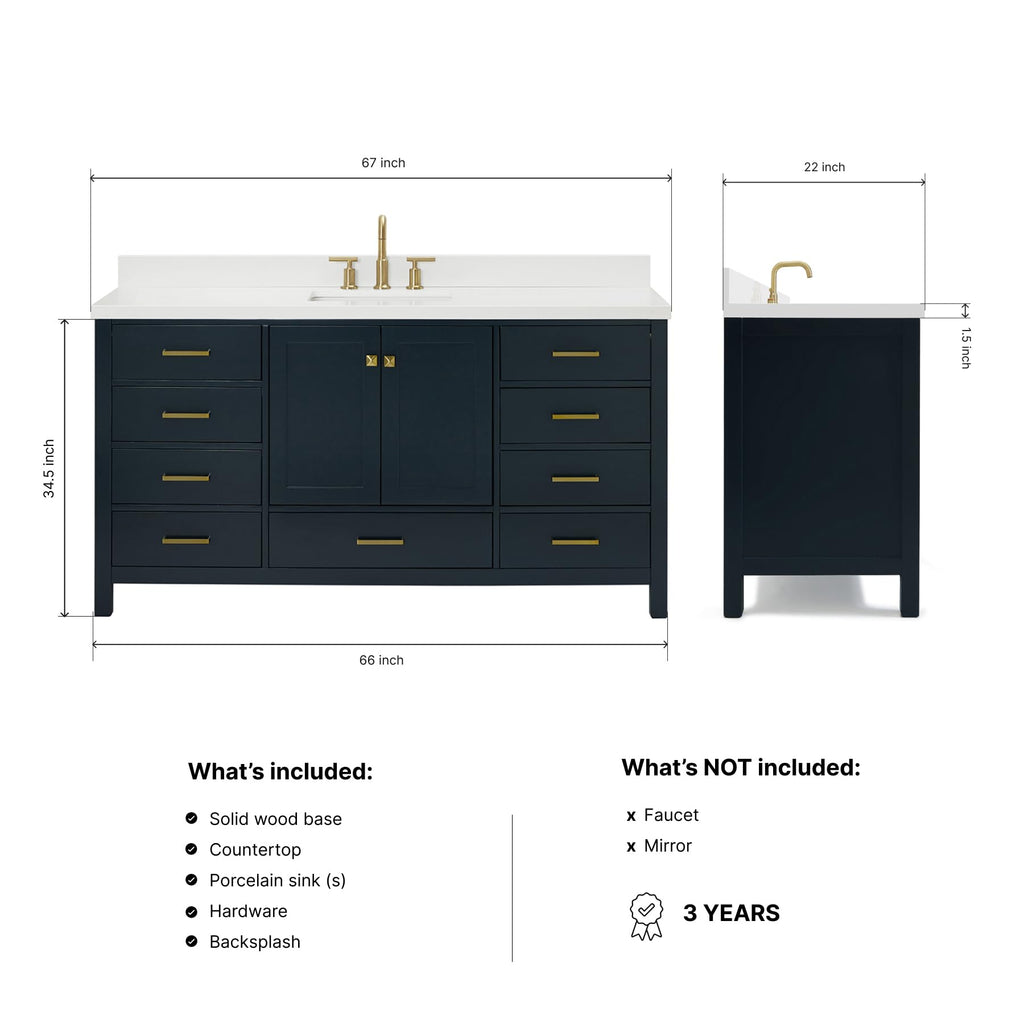 ARIEL Cambridge 66-inch Bathroom Vanity with Sink,Solid Wood, 1.5-inch Italian Carrara Marble Countertop, Single Rectangular Porcelain Sink, 2 Soft Closing Doors, 9 Dovetail Drawers, Midnight Blue