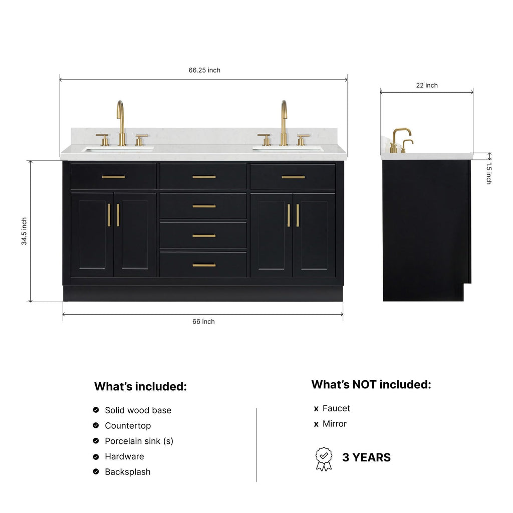 DKB Isabella 66" White Double Bathroom Vanity with 1.5" Carrara Quartz Countertop, Double Rectangular Undermount Sinks, 4 Soft Closing Doors, 6 Dovetail Drawers
