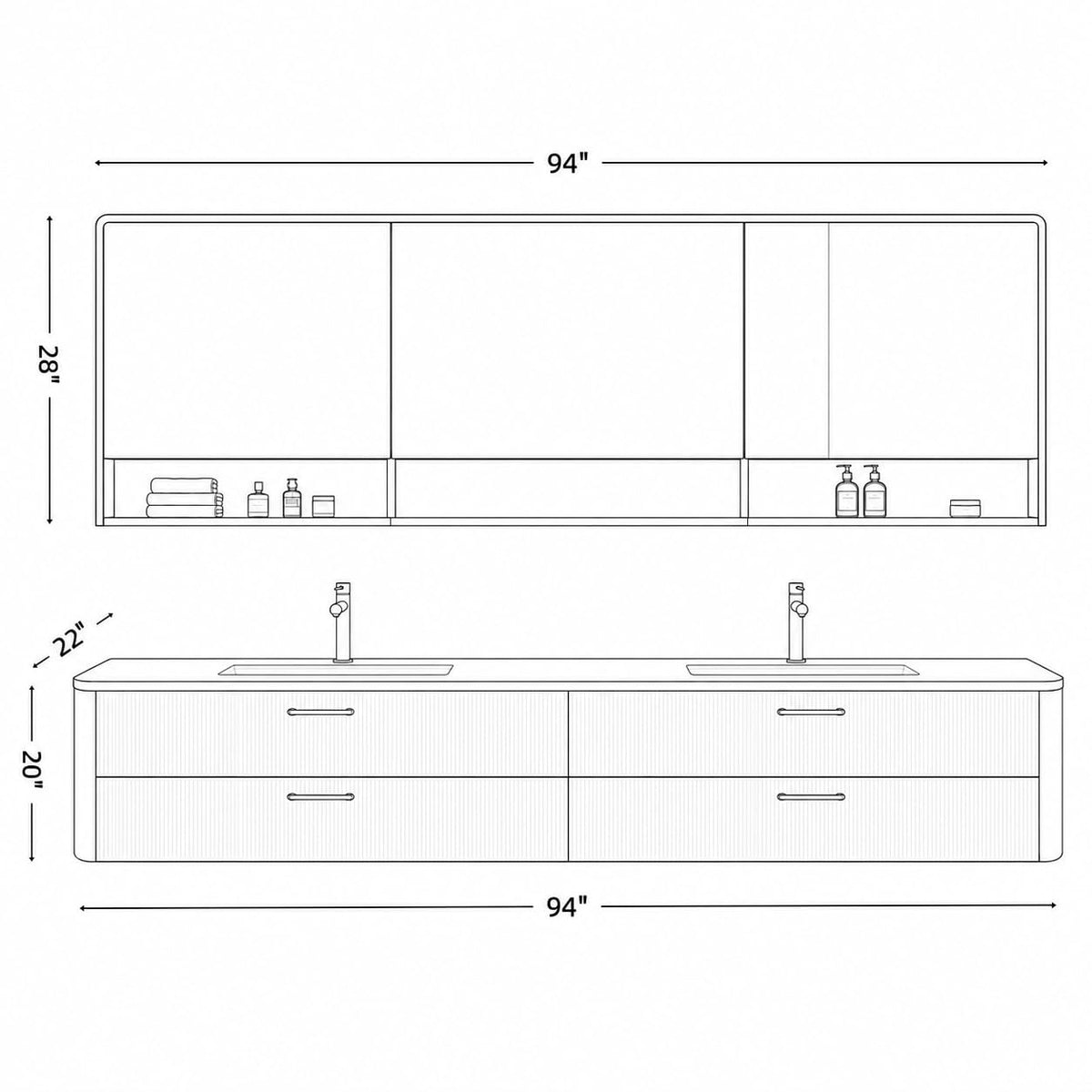 96 in Floating Double Bathroom Vanity with Sinks & LED Mirrors