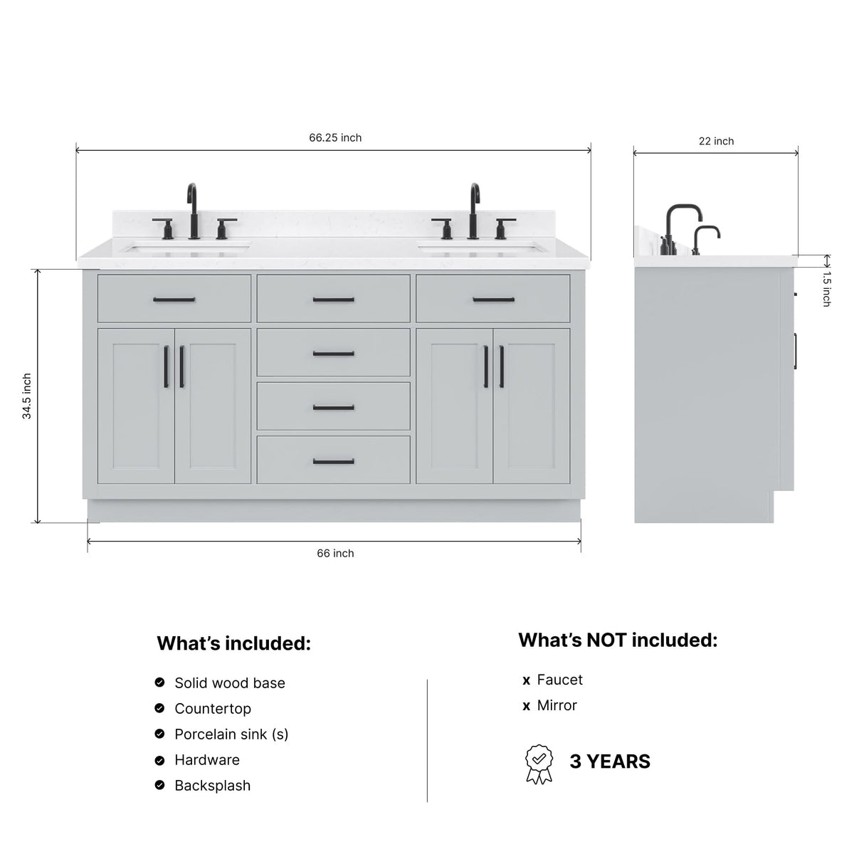 DKB Isabella 66" White Double Bathroom Vanity with 1.5" Carrara Quartz Countertop, Double Rectangular Undermount Sinks, 4 Soft Closing Doors, 6 Dovetail Drawers